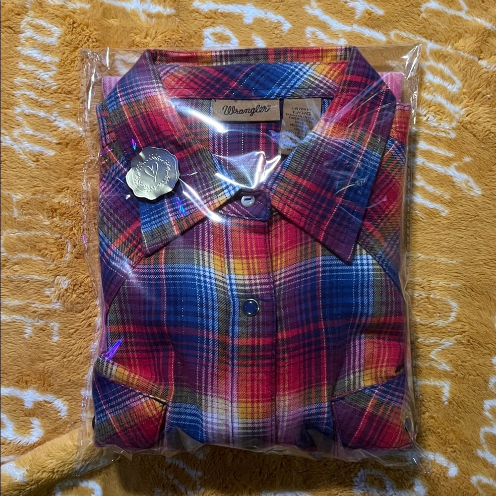 👚 🤠 Wrangler Western Plaid Shirt L – Snap Pearl Buttons, Subtle Lurex Shine / A - Picture 6 of 6